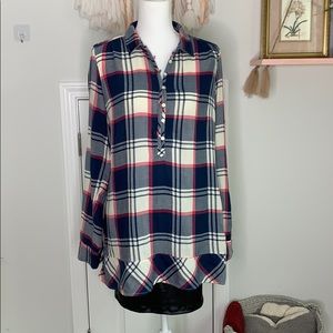 American Eagle Half Button Down Ruffle Hem Plaid
